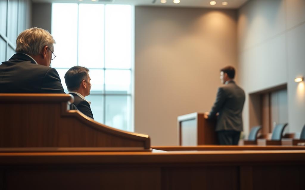 A Courtroom Scene With A Judge'S Bench In The Foreground, Illuminated By Warm Overhead Lighting. In The Middle Ground, A Lawyer And A Plaintiff Stand Before The Judge, Engaged In A Tense Exchange. The Background Depicts The Interior Of A Modern, Minimalist Courthouse With Clean Lines And Large Windows, Casting A Soft, Natural Light. The Atmosphere Conveys The Gravity And Solemnity Of The Legal Process, With A Sense Of Deliberation And Diligence. The Composition Emphasizes The Formality And Importance Of Navigating The Legal System.