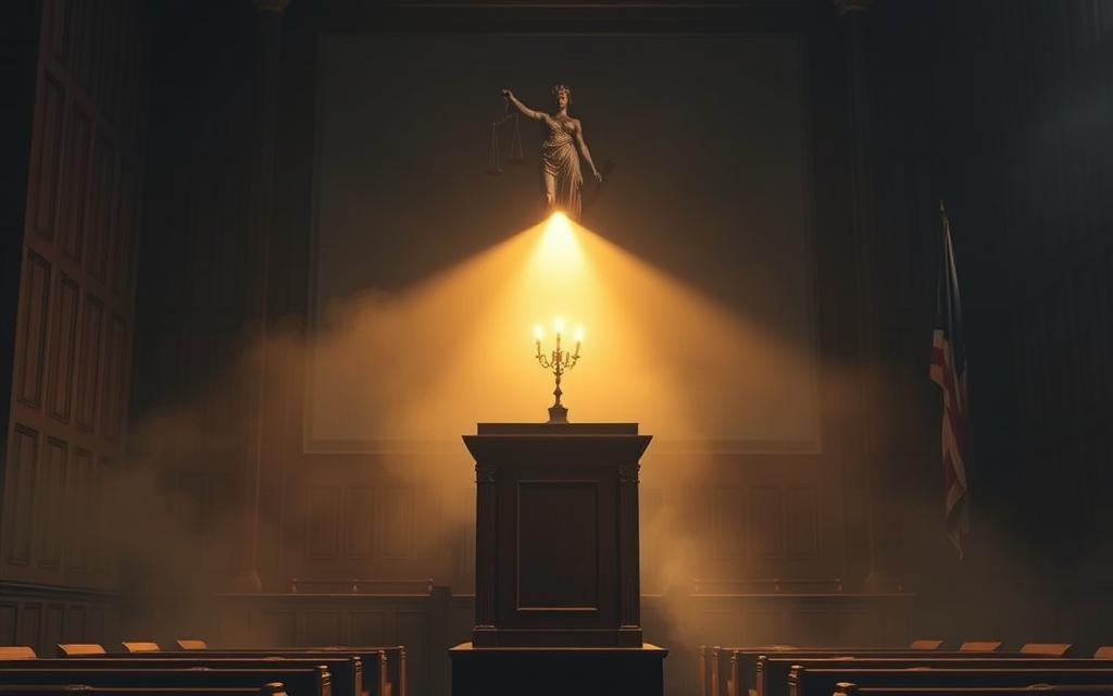 A Dimly Lit Courtroom, Bathed In The Warm Glow Of A Single Lamp. At The Center, A Large, Imposing Wooden Lectern, Symbolizing The Gravity Of The Legal Proceedings. Surrounding It, A Haze Of Uncertainty And Tension, As The Key Elements Of The Felony Murder Rule Are Scrutinized And Debated. Looming In The Background, The Towering Silhouettes Of Lady Justice And The Scales Of Justice, Casting An Ominous Shadow Over The Scene, A Reminder Of The High Stakes And Profound Consequences At Play.