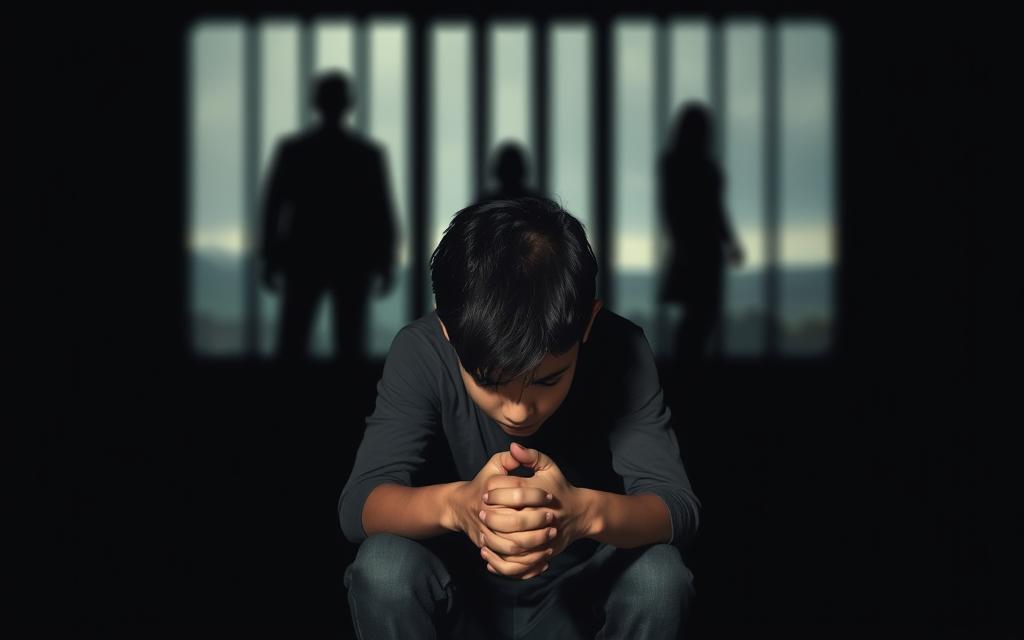 A Dimly Lit, High-Contrast Scene Depicting The Somber Impact Of The Felony Murder Doctrine On Juvenile Co-Offenders. In The Foreground, A Young Person, Their Face Obscured, Sits Hunched With Hands Clasped, Conveying A Sense Of Anguish And Hopelessness. The Middle Ground Features Shadowy Figures Representing The Criminal Justice System, Casting An Ominous Presence. The Background Is A Blurred, Distorted Landscape, Symbolizing The Complexities And Consequences Of The Legal System For These Vulnerable Individuals. Lighting Is Moody And Chiaroscuro, Creating A Sense Of Somber Contemplation. The Overall Composition And Mood Evoke The Gravity And Injustice Of Juvenile Felony Murder Cases.