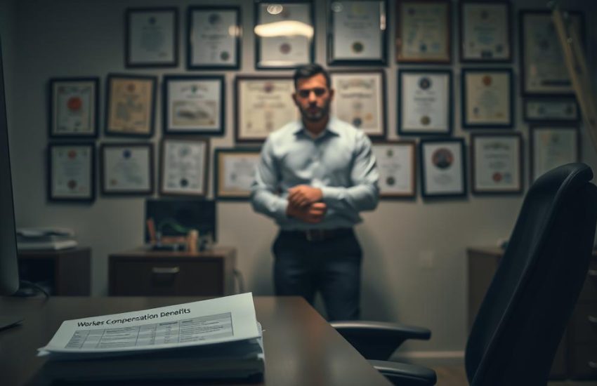 A Dimly Lit Office Scene, With A Desk And Ergonomic Chair In The Foreground. On The Desk, A Stack Of Documents Labeled &Quot;Workers Compensation Benefits&Quot; And A Laptop Displaying A Spreadsheet. In The Middle Ground, A Worker In A Collared Shirt And Slacks Is Seated, Hands Folded, With A Pensive Expression. The Background Depicts A Wall Adorned With Framed Certificates And Diplomas, Conveying A Sense Of Professionalism And Expertise. Soft, Warm Lighting Casts A Gentle Glow, Creating An Atmosphere Of Reassurance And Trust. The Overall Tone Is One Of Diligence, Care, And The Process Of Navigating The Complexities Of Workers' Compensation.