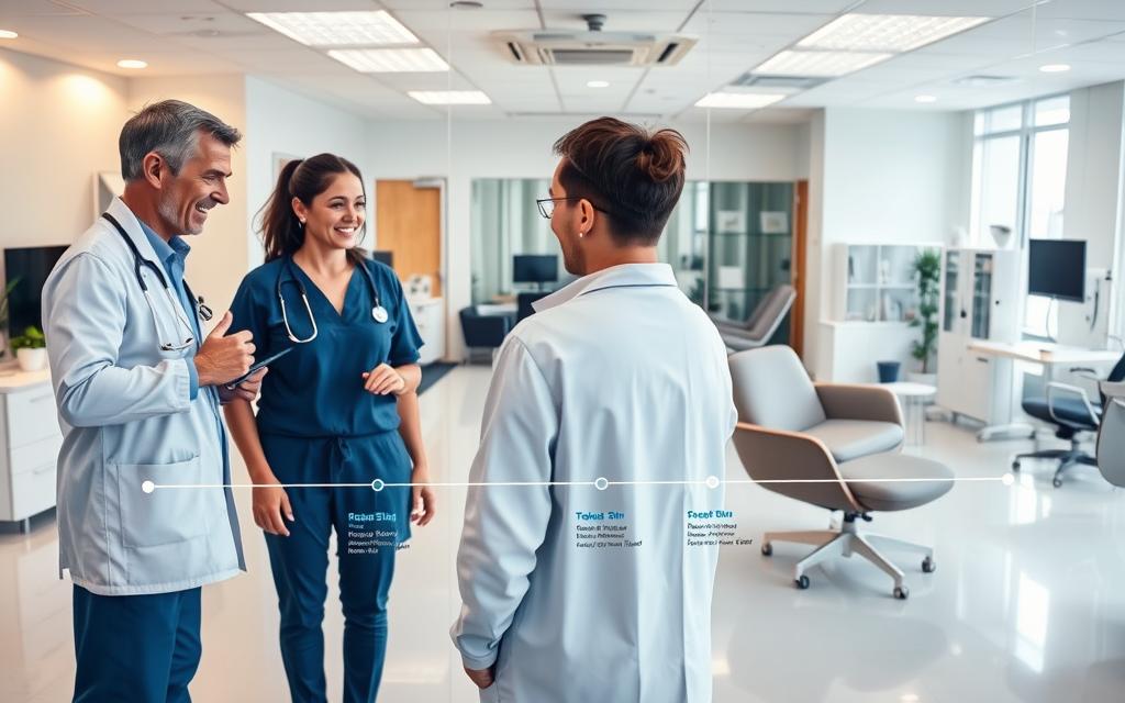 A Dynamic Medical Treatment Timeline Unfolding Within A Modern, Well-Equipped Workers Compensation Clinic. In The Foreground, A Team Of Caring Medical Professionals Examines An Injured Worker, Discussing Their Recovery Plan. In The Middle Ground, A Timeline Visualization Tracks The Worker'S Progress, Displaying Key Milestones And Rehabilitation Steps. The Background Features A Clean, Bright Workspace With Ergonomic Furniture, Advanced Medical Equipment, And A Soothing, Calming Atmosphere To Facilitate The Worker'S Healing And Successful Return To Work. Soft, Diffused Lighting Casts A Professional, Reassuring Glow Over The Scene. Captured With A Wide-Angle Lens To Convey A Sense Of Holistic Care And Comprehensive Support. A Dynamic Medical Treatment Timeline Unfolding Within A Modern, Well-Equipped Workers Compensation Clinic. In The Foreground, A Team Of Caring Medical Professionals Examines An Injured Worker, Discussing Their Recovery Plan. In The Middle Ground, A Timeline Visualization Tracks The Worker'S Progress, Displaying Key Milestones And Rehabilitation Steps. The Background Features A Clean, Bright Workspace With Ergonomic Furniture, Advanced Medical Equipment, And A Soothing, Calming Atmosphere To Facilitate The Worker'S Healing And Successful Return To Work. Soft, Diffused Lighting Casts A Professional, Reassuring Glow Over The Scene. Captured With A Wide-Angle Lens To Convey A Sense Of Holistic Care And Comprehensive Support.