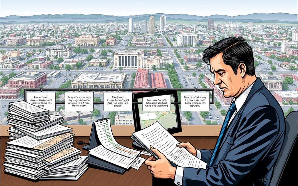 A Meticulously Detailed Illustration Of The Fresno County Property Tax Assessment Process. In The Foreground, A Government Official Reviewing Tax Forms With A Serious Expression, Surrounded By Stacks Of Paperwork And A Computer Monitor Displaying Relevant Data. The Middle Ground Depicts The Various Stages Of The Assessment Workflow, Including Property Inspections, Value Calculations, And Tax Rate Determinations, All Captured With A Sense Of Administrative Precision. In The Background, A Cityscape Of Fresno'S Bustling Commercial Districts, Hinting At The Broader Economic Context That Informs The Assessment Criteria. The Overall Scene Conveys A Balanced Atmosphere Of Diligence, Transparency, And Civic Responsibility.