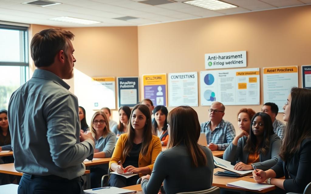 A Vibrant, Well-Lit Classroom Setting With A Diverse Group Of Employees Engaged In An Interactive Anti-Harassment Training Session. In The Foreground, A Professional Facilitator Stands At The Head Of The Class, Guiding The Discussion And Using Visual Aids To Reinforce Key Concepts. The Middle Ground Features Attentive Participants Taking Notes And Actively Participating, Reflecting A Constructive, Collaborative Atmosphere. In The Background, The Room Is Adorned With Motivational Posters And Informational Materials Related To Workplace Policies And Procedures, Creating An Educational And Informative Environment. Lighting Is Warm And Natural, Conveying A Sense Of Openness And Transparency. The Overall Scene Exudes A Tone Of Seriousness And Commitment To Fostering A Safe, Inclusive, And Harassment-Free Workplace.