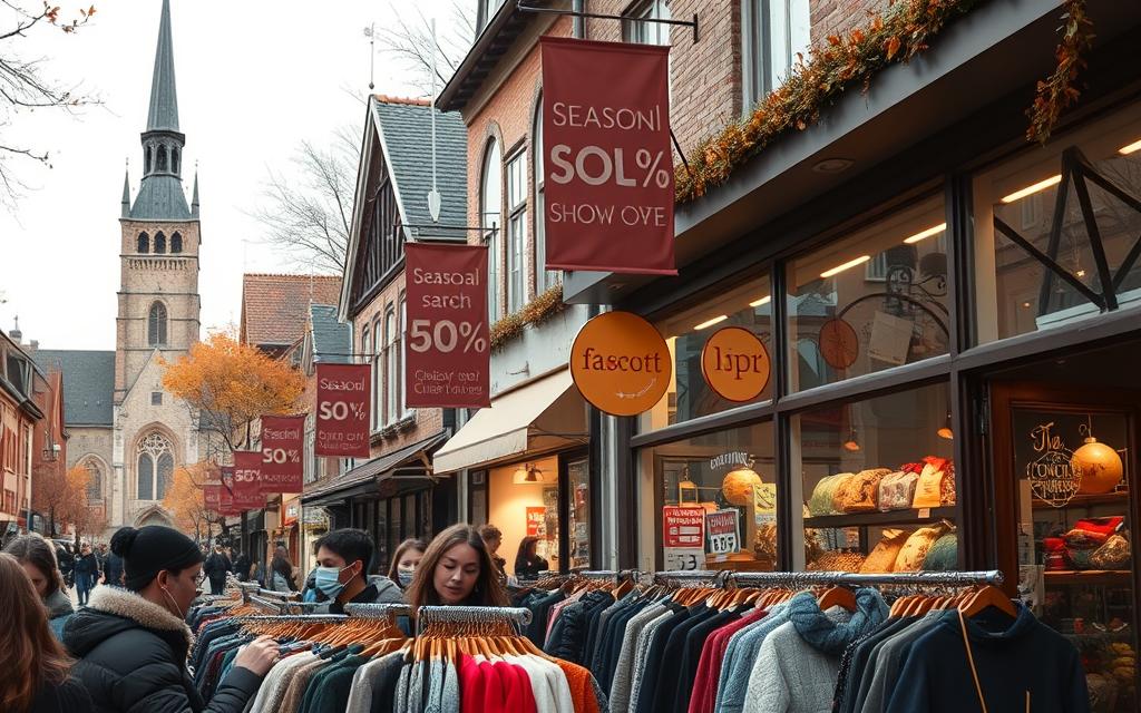 A Cozy Autumn Day In A Quaint Town Square, Where Seasonal Discount Banners And Signs Hang From The Storefronts, Casting A Warm Glow Over The Bustling Scene. In The Foreground, Shoppers Browse Through Racks Of Discounted Clothing, Their Faces Lit By The Soft, Diffused Light Of The Overcast Sky. In The Middle Ground, A Variety Of Seasonal Goods Are Displayed In The Windows, Drawing The Eye With Their Vibrant Colors And Enticing Offers. In The Background, A Picturesque Church Tower Rises Up, Adding A Touch Of Historic Charm To The Setting. The Overall Atmosphere Is One Of Excitement And Anticipation, As Savvy Consumers Take Advantage Of The Smart Shopping Opportunities Presented By The Seasonal Discounts.