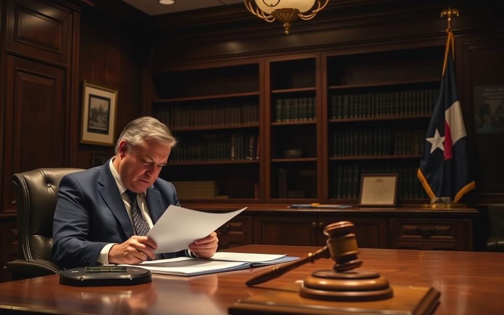 A Dimly Lit, Wood-Paneled Office Interior, With A Large Desk And A Bookshelf In The Background. In The Foreground, A Middle-Aged Man In A Suit Sits At The Desk, Studying Legal Documents And Files. The Lighting Is Warm And Subdued, Casting Soft Shadows Across The Scene. On The Desk, There Are Several Objects: A Gavel, A Nameplate, And A Framed Texas State Flag. The Mood Is One Of Focused Professionalism, Hinting At The Legal Process Of Firearm Rights Restoration In Texas.