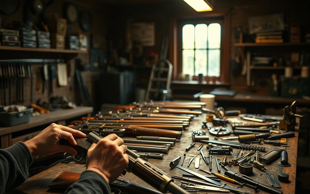 A Dimly Lit Workshop, The Warm Glow Of A Workbench Illuminates An Array Of Vintage Firearms, Their Metal Surfaces Gleaming As They Undergo A Careful Restoration Process. In The Foreground, Skilled Hands Delicately Clean And Oil The Mechanisms, Meticulously Preserving Their Historical Integrity. The Middle Ground Showcases An Array Of Specialized Tools And A Collection Of Spare Parts, Each Carefully Organized And Labeled. In The Background, A Large Window Allows Natural Light To Filter In, Casting A Soft, Diffused Illumination Across The Scene, Evoking A Sense Of Timelessness And Reverence For The Craft. The Atmosphere Is One Of Focused Dedication, Where The Past And Present Converge To Breathe New Life Into These Cherished Firearms.