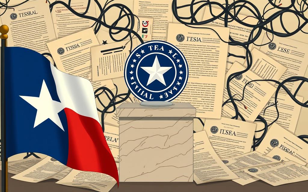 Prompt Detailed Illustration Showcasing The Intersection Of State And Federal Firearm Regulations In Texas. In The Foreground, A Texas State Flag Casts A Soft, Warm Glow, Representing The State'S Policies. In The Middle Ground, A Federal Seal Sits Atop An Imposing Marble Pedestal, Symbolizing The Overarching Federal Authority. The Background Features A Complex Web Of Legal Documents And Regulatory Guidelines, Their Intricate Details Hinting At The Nuanced And Sometimes Contradictory Nature Of Navigating These Dual Jurisdictions. The Overall Scene Conveys A Sense Of Thoughtful Contemplation, Inviting The Viewer To Explore The Challenging Landscape Faced By Those Seeking To Reclaim Their Gun Rights In Texas.